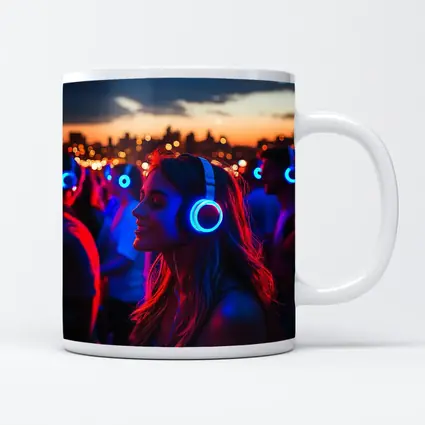 Woman Glowing Headphones Neon Night Crowd