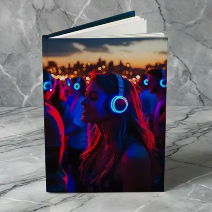 Woman Glowing Headphones Neon Night Crowd