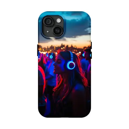 Woman Glowing Headphones Neon Night Crowd