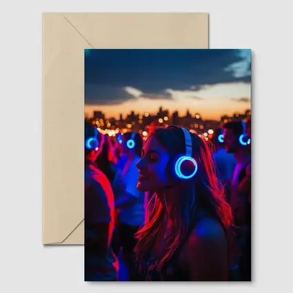 Woman Glowing Headphones Neon Night Crowd