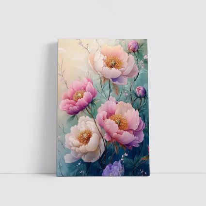 Pink Peony Flowers Soft Teal Background Art