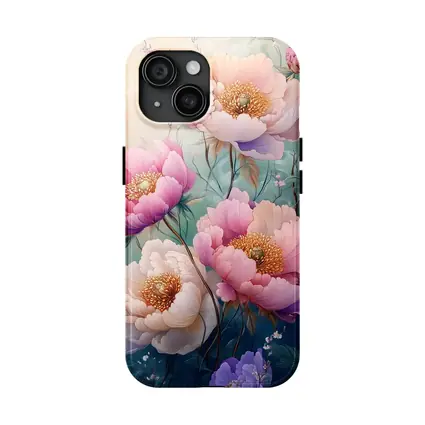 Pink Peony Flowers Soft Teal Background Art