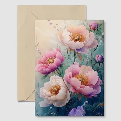 Pink Peony Flowers Soft Teal Background Art