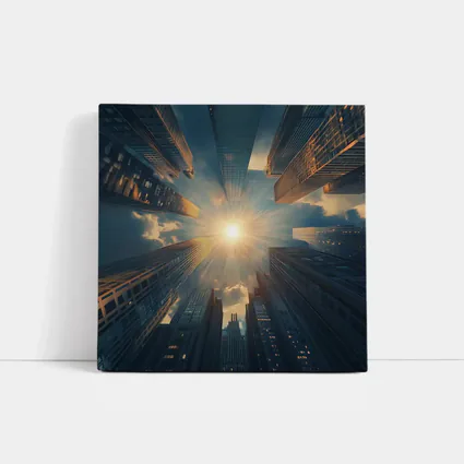 City Skyscrapers Looking Up Sunburst Sky