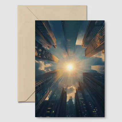 City Skyscrapers Looking Up Sunburst Sky