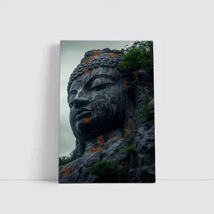 Ancient Buddha Rock Carving Overcast Sky