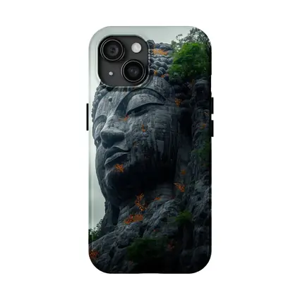 Ancient Buddha Rock Carving Overcast Sky