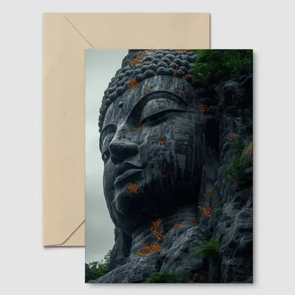 Ancient Buddha Rock Carving Overcast Sky