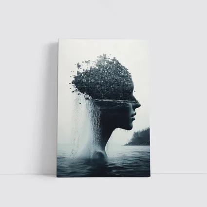 Woman Face Dissolving Into Pixels Over Water