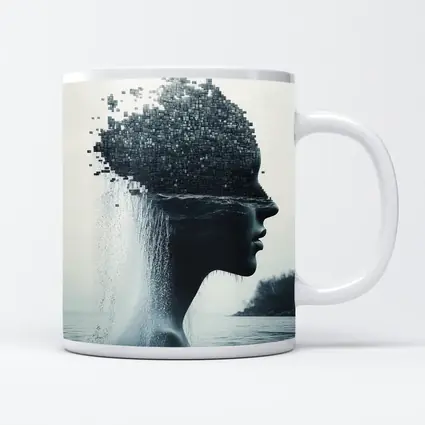 Woman Face Dissolving Into Pixels Over Water