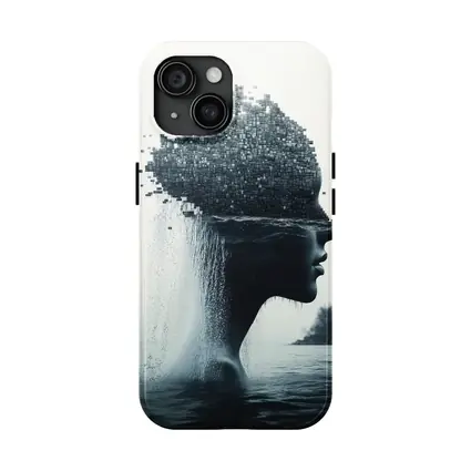 Woman Face Dissolving Into Pixels Over Water