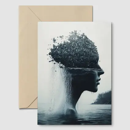 Woman Face Dissolving Into Pixels Over Water