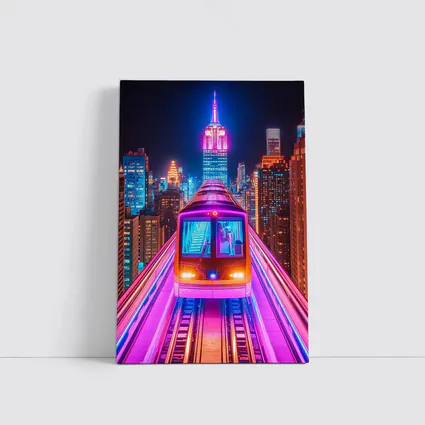Neon Train Speeding Through New York City Night