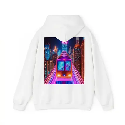Neon Train Speeding Through New York City Night