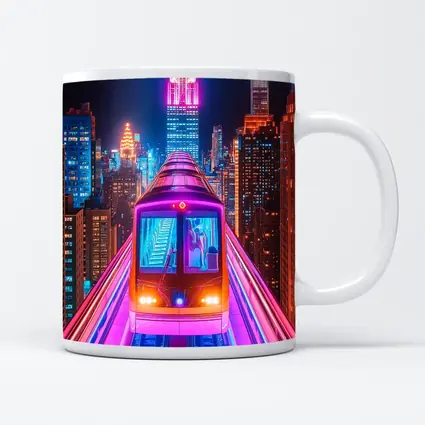 Neon Train Speeding Through New York City Night