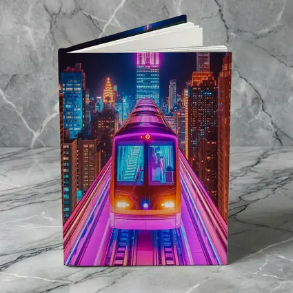 Neon Train Speeding Through New York City Night