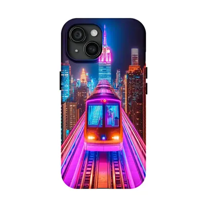 Neon Train Speeding Through New York City Night