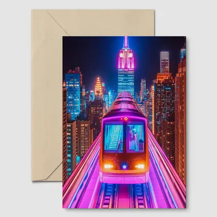 Neon Train Speeding Through New York City Night