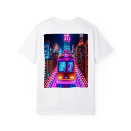 Neon Train Speeding Through New York City Night