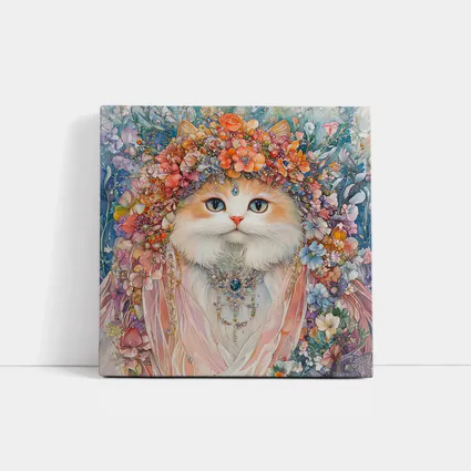 White Cat Floral Crown Watercolor Art