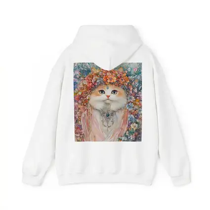 White Cat Floral Crown Watercolor Art