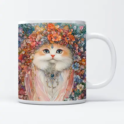 White Cat Floral Crown Watercolor Art