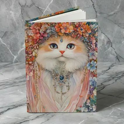 White Cat Floral Crown Watercolor Art