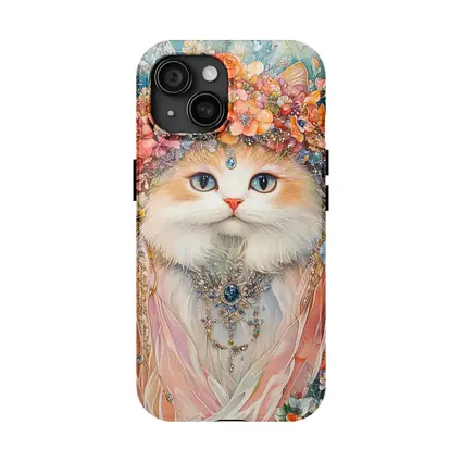 White Cat Floral Crown Watercolor Art