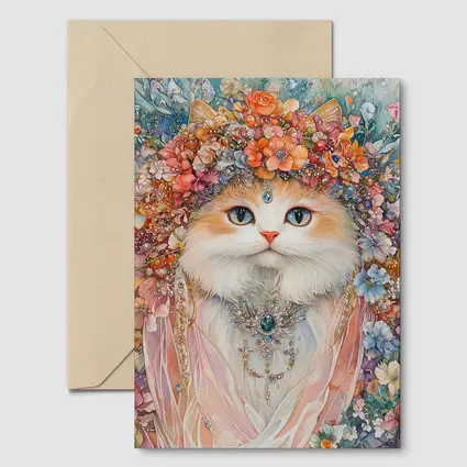 White Cat Floral Crown Watercolor Art