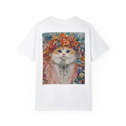 White Cat Floral Crown Watercolor Art