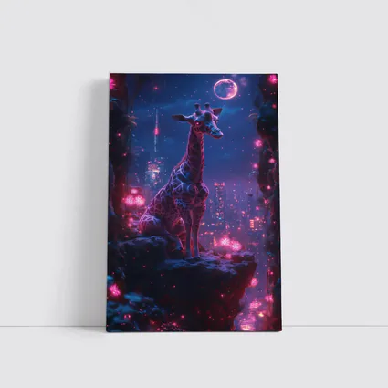 Neon Giraffe Sitting Above Cyberpunk City Night