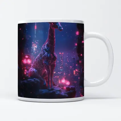 Neon Giraffe Sitting Above Cyberpunk City Night