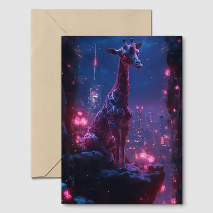 Neon Giraffe Sitting Above Cyberpunk City Night