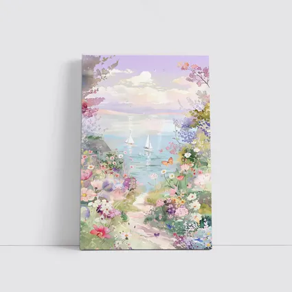 Watercolor Coastal Garden Sailboats Floral Scene