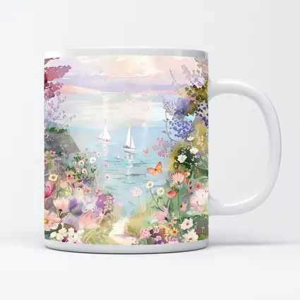 Watercolor Coastal Garden Sailboats Floral Scene