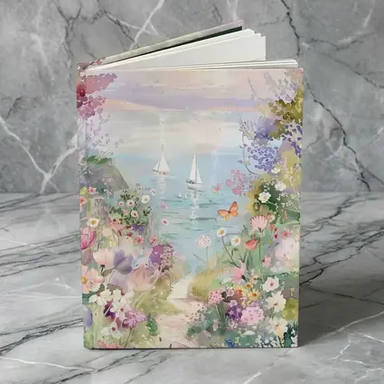 Watercolor Coastal Garden Sailboats Floral Scene