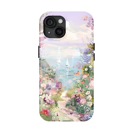 Watercolor Coastal Garden Sailboats Floral Scene