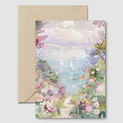 Watercolor Coastal Garden Sailboats Floral Scene
