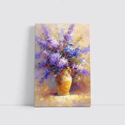 Lilac Flowers In Golden Vase Oil Painting