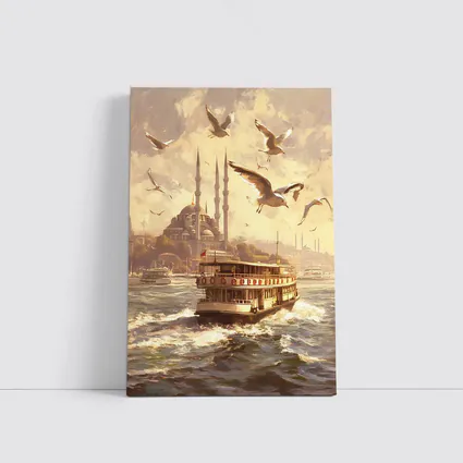 Istanbul Ferry Bosphorus Seagulls Mosque Art