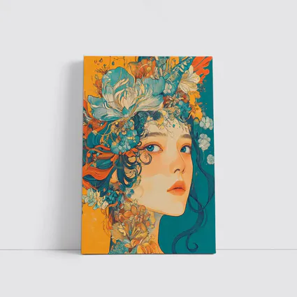 Floral Crown Woman Portrait Orange Teal Background