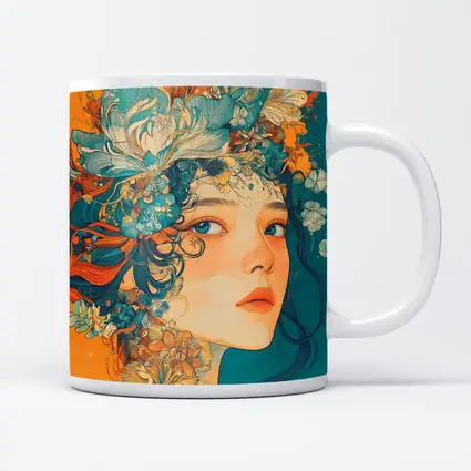Floral Crown Woman Portrait Orange Teal Background