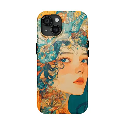Floral Crown Woman Portrait Orange Teal Background