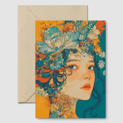 Floral Crown Woman Portrait Orange Teal Background