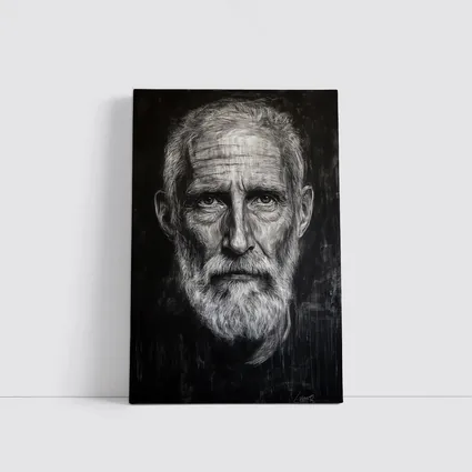 Old Man Portrait Black White Charcoal Art