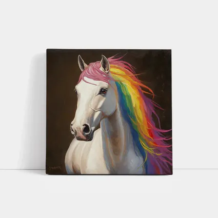 White Horse Rainbow Mane Oil Painting