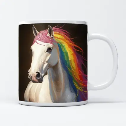 White Horse Rainbow Mane Oil Painting