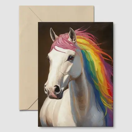 White Horse Rainbow Mane Oil Painting