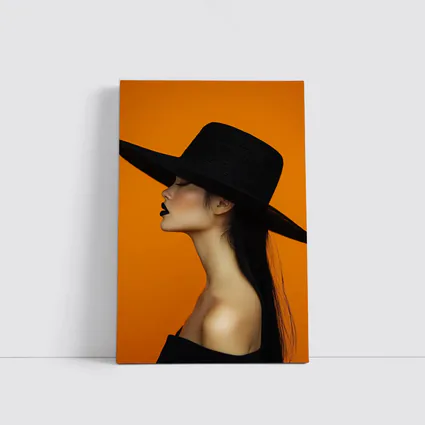 Woman Black Hat Orange Background Fashion Portrait