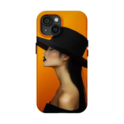 Woman Black Hat Orange Background Fashion Portrait